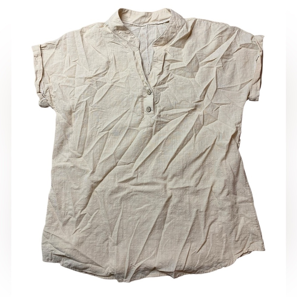 Boho Linen Blend Short Sleeve Henley Top in Beige - Size Large